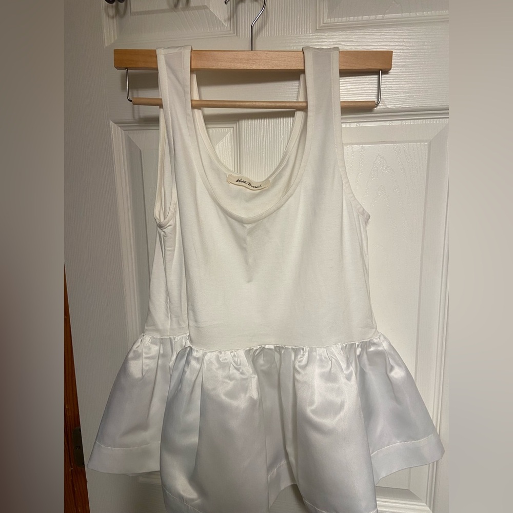 Blue Tassel White Satin Hem Tank Top Sleeveless Ruffle Peplum Blouse